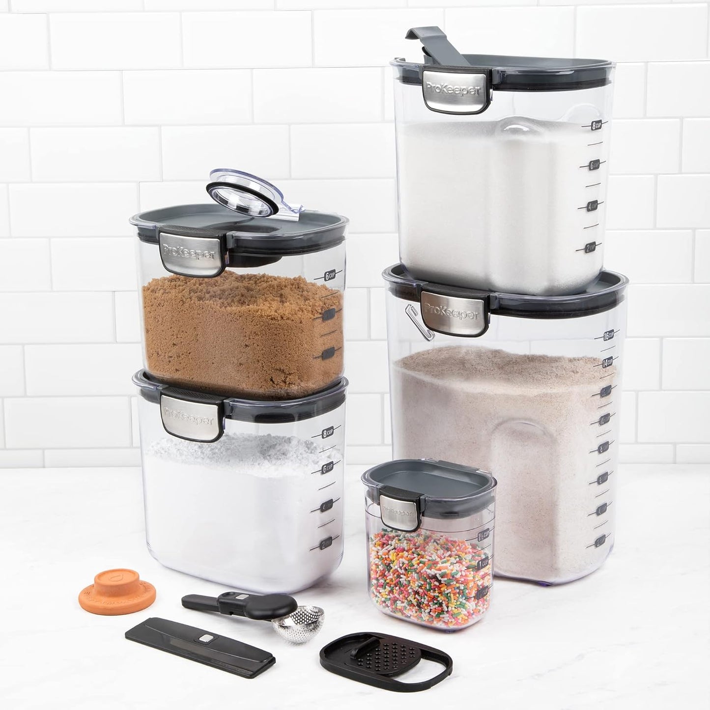 + 9-Piece Airtight Food Storage Container Set – Clear Plastic Flour and Sugar Canister Set with Magnetic Accessories for Kitchen Organization (Grey, 9-Piece)