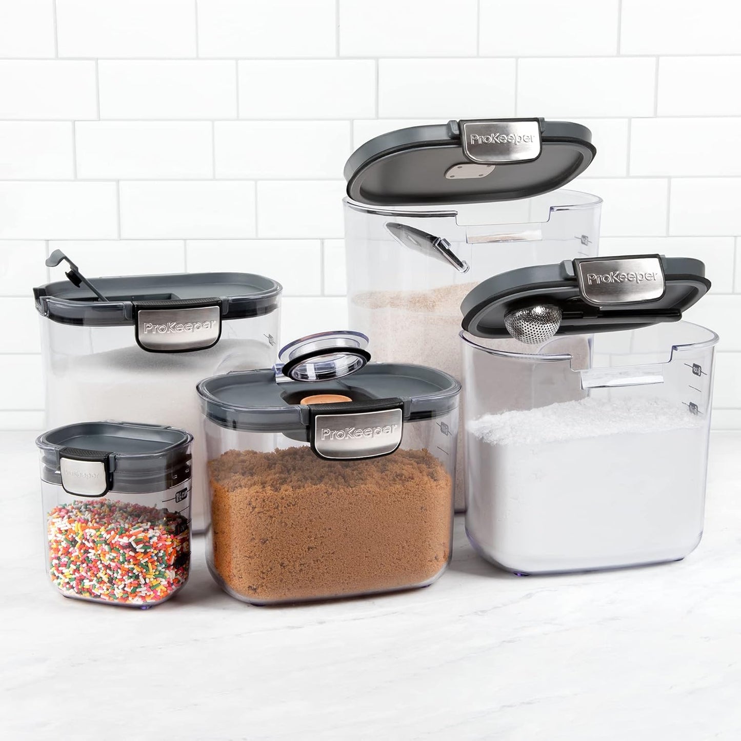 + 9-Piece Airtight Food Storage Container Set – Clear Plastic Flour and Sugar Canister Set with Magnetic Accessories for Kitchen Organization (Grey, 9-Piece)