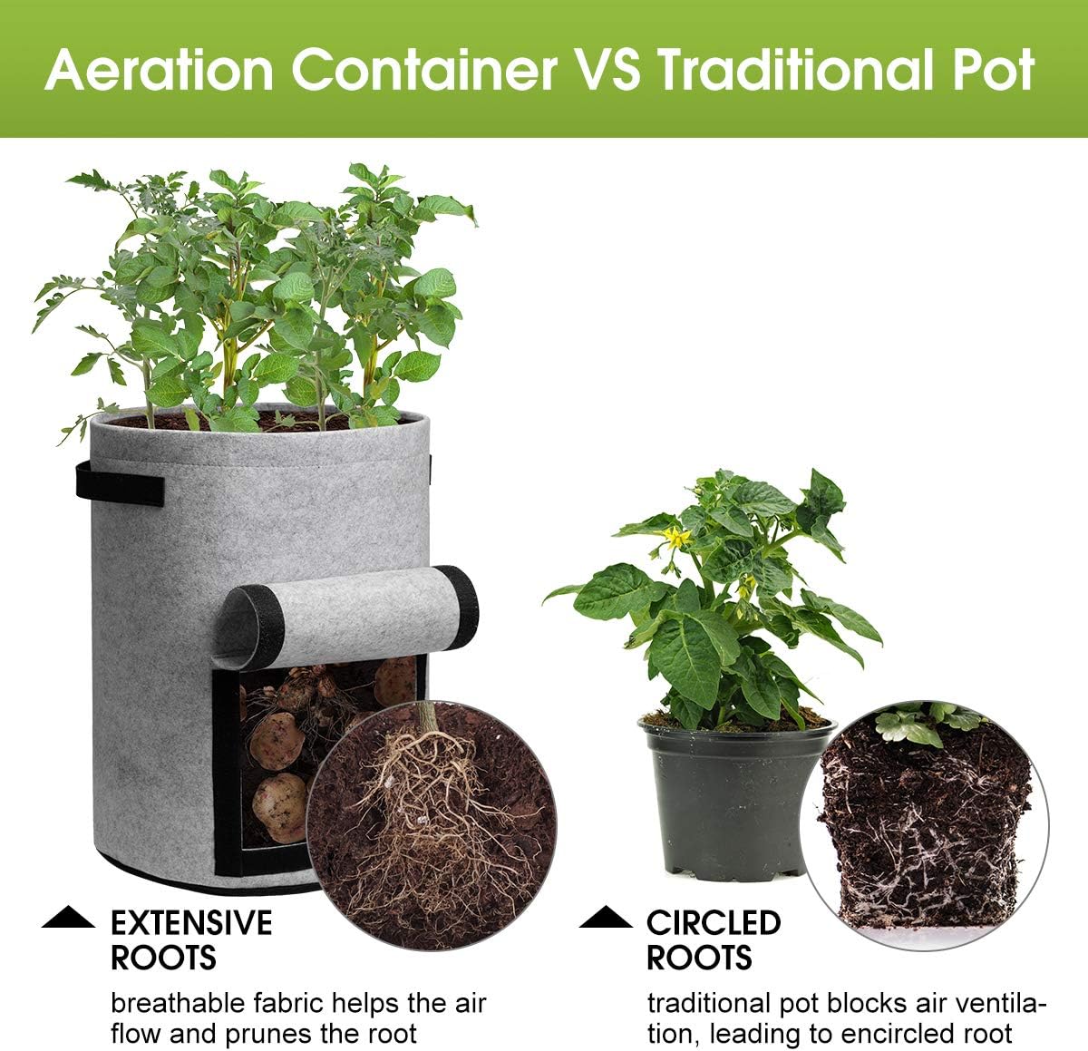 Potato Grow Bags with Flap 10 Gallon, 4 Pack Planter Pot with Handles and Harvest Window for Potato Tomato and Vegetables, Black and Gray
