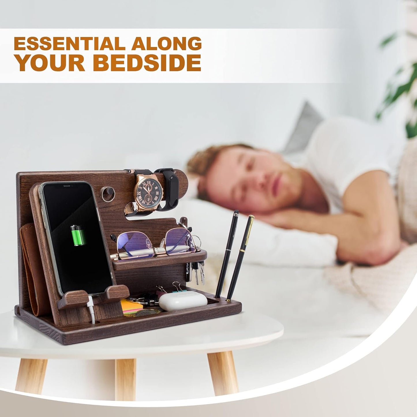 Stylish Bourbon Brown Wood Phone Docking Station - Perfect Desk & Nightstand Organizer for Men - Ideal Birthday & Anniversary Gift for Husband or Dad - Key Holder, Wallet Stand & Essentials Organizer