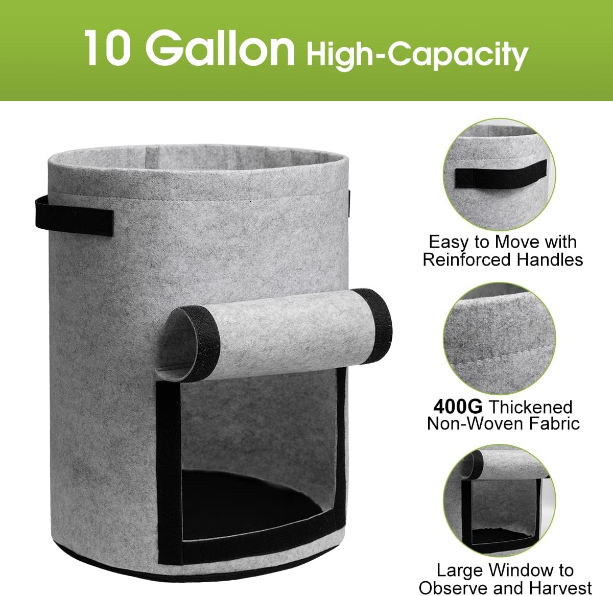 Potato Grow Bags with Flap 10 Gallon, 4 Pack Planter Pot with Handles and Harvest Window for Potato Tomato and Vegetables, Black and Gray