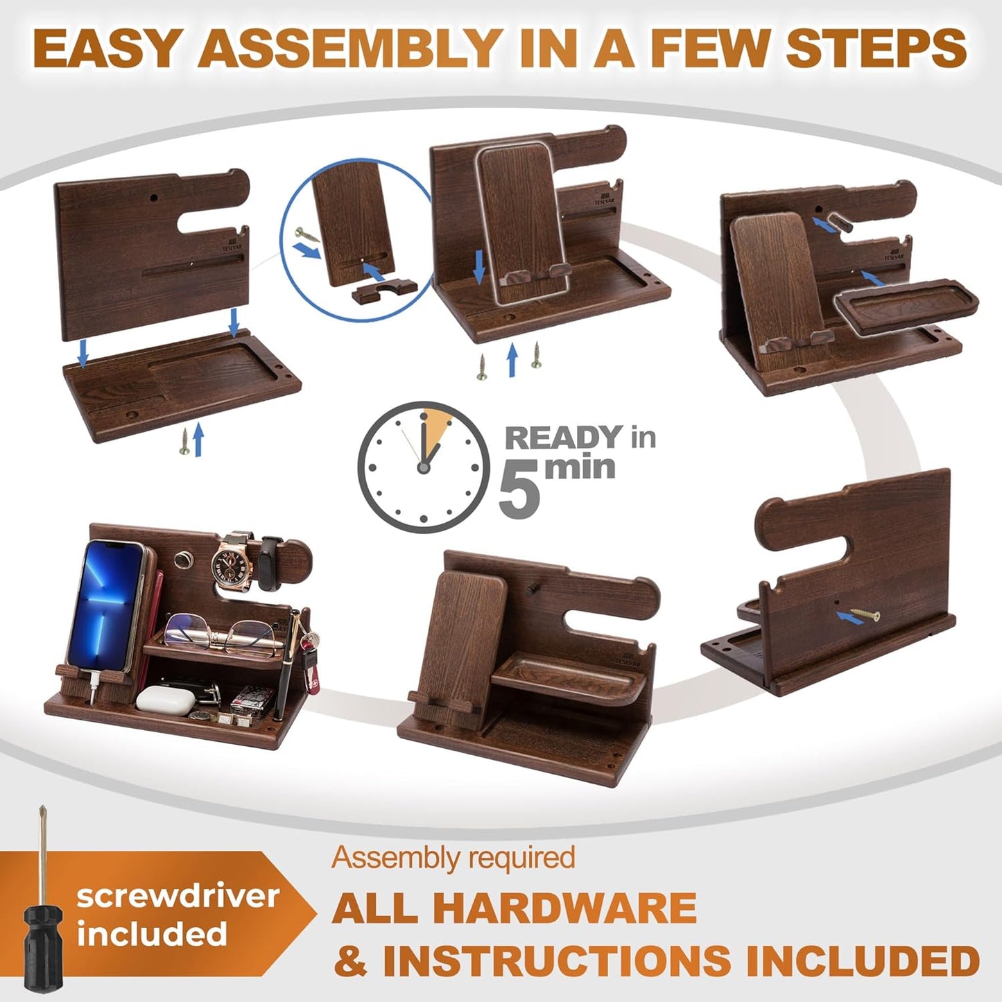 Stylish Bourbon Brown Wood Phone Docking Station - Perfect Desk & Nightstand Organizer for Men - Ideal Birthday & Anniversary Gift for Husband or Dad - Key Holder, Wallet Stand & Essentials Organizer