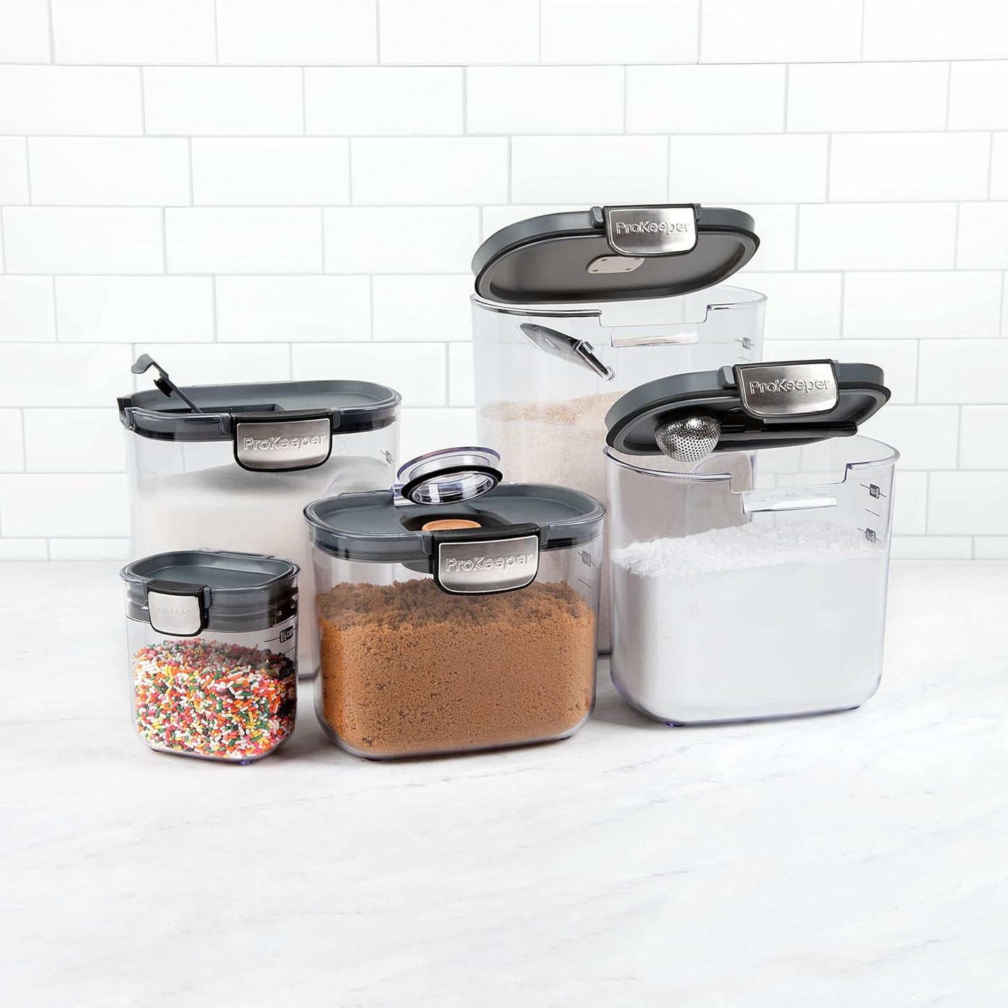 + 9-Piece Airtight Food Storage Container Set – Clear Plastic Flour and Sugar Canister Set with Magnetic Accessories for Kitchen Organization (Grey, 9-Piece)