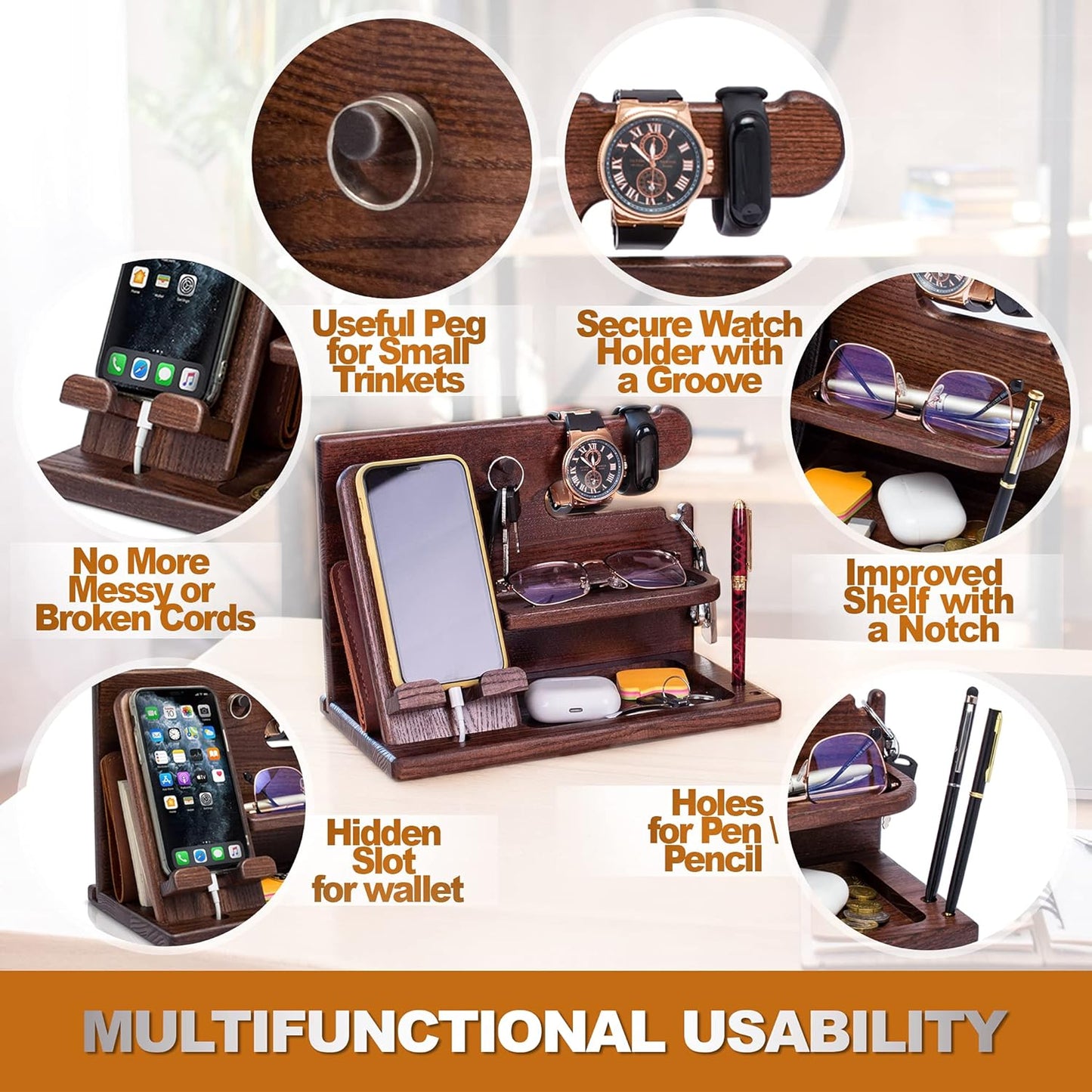 Stylish Bourbon Brown Wood Phone Docking Station - Perfect Desk & Nightstand Organizer for Men - Ideal Birthday & Anniversary Gift for Husband or Dad - Key Holder, Wallet Stand & Essentials Organizer