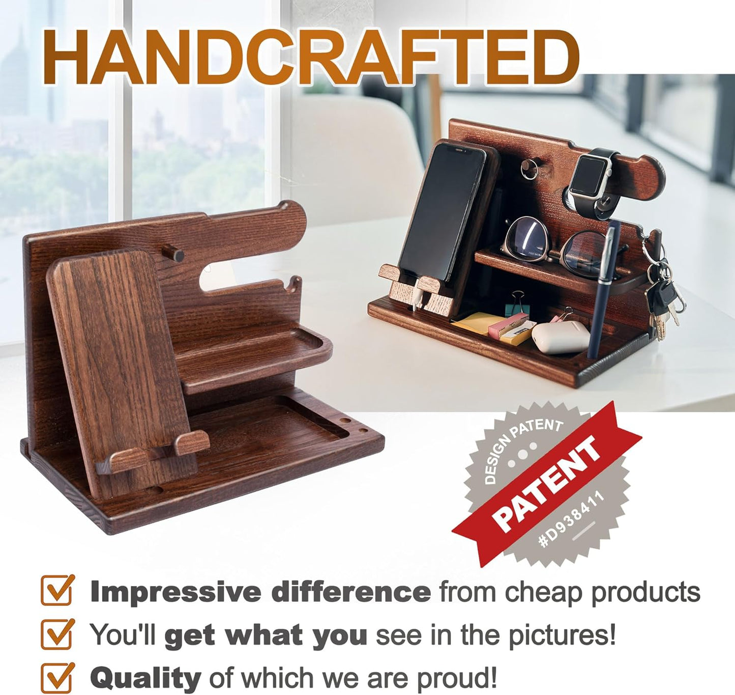 Stylish Bourbon Brown Wood Phone Docking Station - Perfect Desk & Nightstand Organizer for Men - Ideal Birthday & Anniversary Gift for Husband or Dad - Key Holder, Wallet Stand & Essentials Organizer