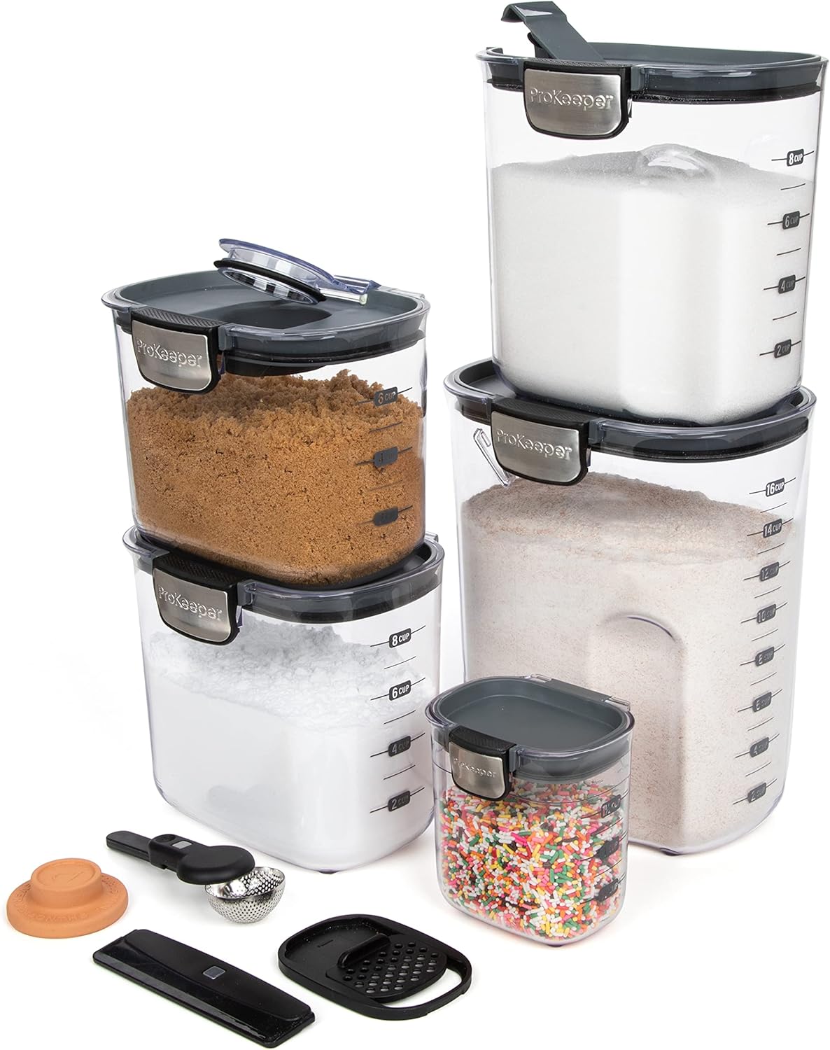+ 9-Piece Airtight Food Storage Container Set – Clear Plastic Flour and Sugar Canister Set with Magnetic Accessories for Kitchen Organization (Grey, 9-Piece)