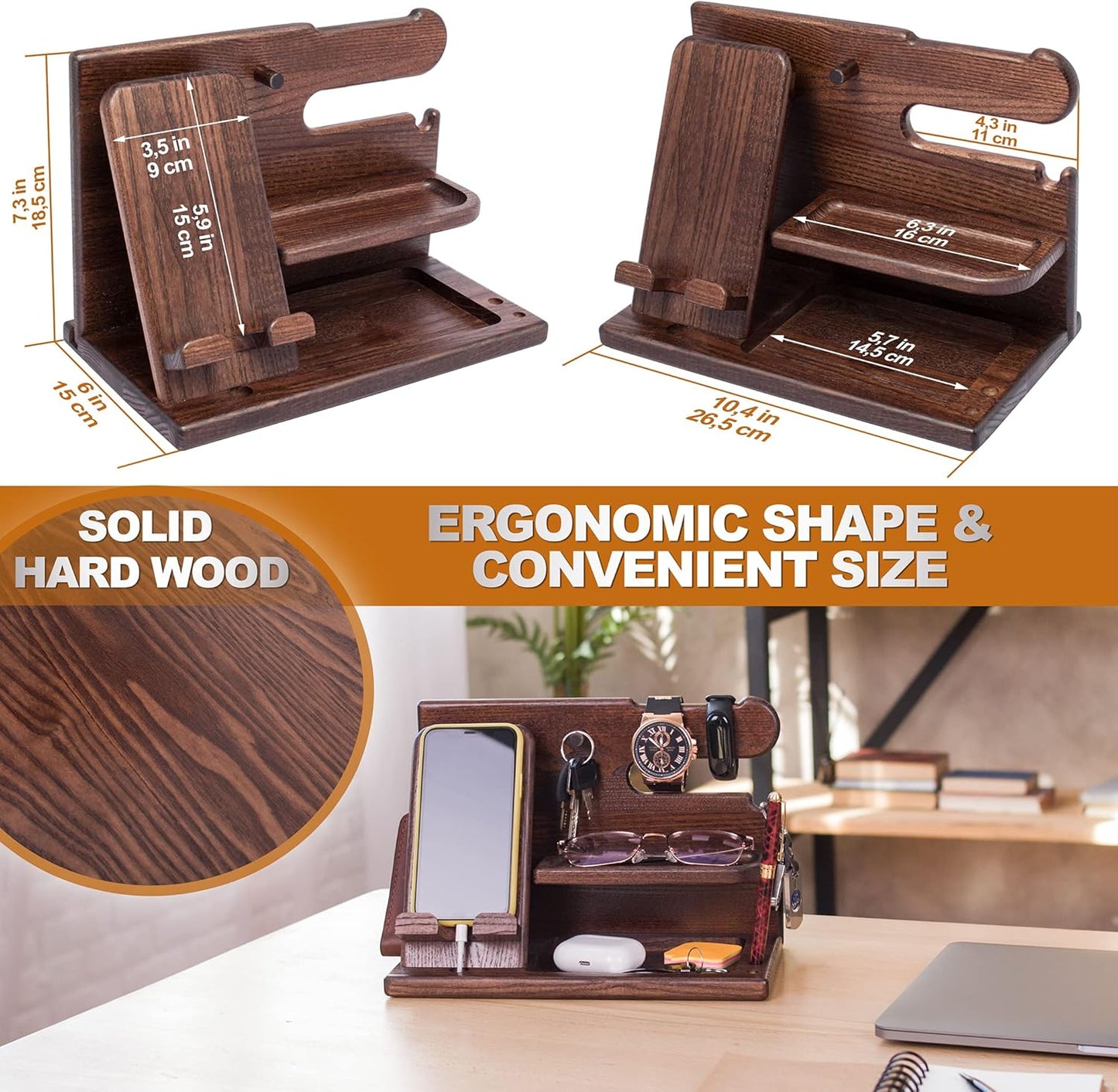 Stylish Bourbon Brown Wood Phone Docking Station - Perfect Desk & Nightstand Organizer for Men - Ideal Birthday & Anniversary Gift for Husband or Dad - Key Holder, Wallet Stand & Essentials Organizer