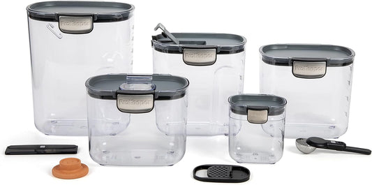 + 9-Piece Airtight Food Storage Container Set – Clear Plastic Flour and Sugar Canister Set with Magnetic Accessories for Kitchen Organization (Grey, 9-Piece)