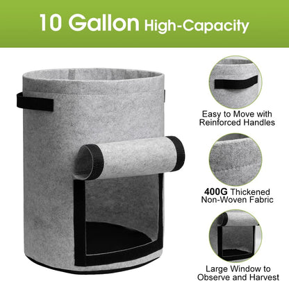 Potato Grow Bags with Flap 10 Gallon, 4 Pack Planter Pot with Handles and Harvest Window for Potato Tomato and Vegetables, Black and Gray