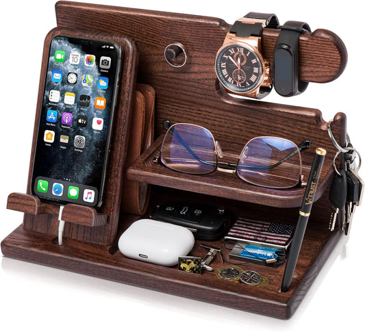 Stylish Bourbon Brown Wood Phone Docking Station - Perfect Desk & Nightstand Organizer for Men - Ideal Birthday & Anniversary Gift for Husband or Dad - Key Holder, Wallet Stand & Essentials Organizer