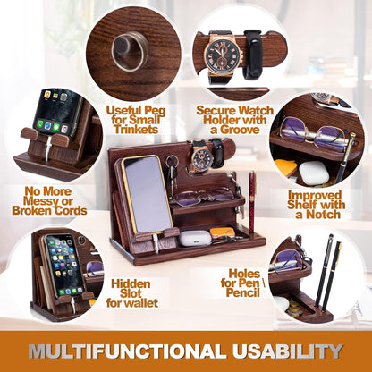 Stylish Bourbon Brown Wood Phone Docking Station - Perfect Desk & Nightstand Organizer for Men - Ideal Birthday & Anniversary Gift for Husband or Dad - Key Holder, Wallet Stand & Essentials Organizer